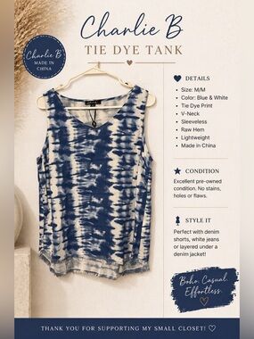 Charlie B Tie Dye Tank Top Blue White Sleeveless Boho Raw Hem Medium